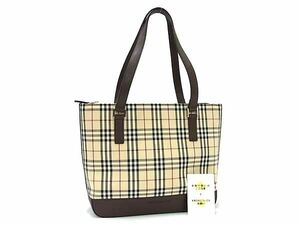 1円 BURBERRY バーバリー ノバチェック キャンバス×レザー トートバッグ ショルダー 肩掛け レディース ベージュ系×ブラウン系 FI1754