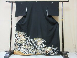 1円 良品 正絹 着物 留袖 縮緬 式典 和装 比翼付 金彩 巻物 花柄 草花 高級 袷 身丈153cm 裄65cm ◆逸品◆【夢職】★★★★