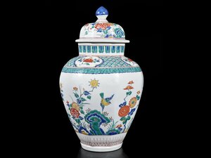 【雲】某資産家収蔵品 古伊万里 柿右衛門様式 色絵花鳥文図蓋付壷 41cm 古美術品(花瓶飾壺旧家蔵出)J100 ATD8eg6