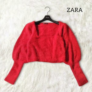 42 【ZARA】 ザラ シャギーニット セーター 起毛 L 赤 レッド 鮮やか 無地 シンプル ショート丈 ボリュームスリーブ 秋冬 長袖 モコモコ