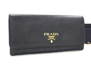 1円 ■美品■ PRADA プラダ サフィアーノレザー パスケース付き 二つ折り 長財布 ウォレット 小銭入れ ブラック系 FF1701