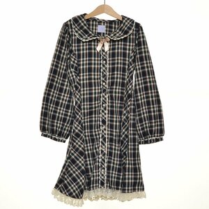 ◇489506 axes femme アクシーズファム リボン チェック レース シャツワンピース パール装飾ボタン サイズ140 レディース ネイビー