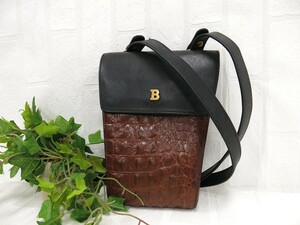 BALLY バリー◆カーフ レザー 本革◆ショルダー バッグ◆ブラウン ブラック G金具◆超美品◆クロコ型押し◆斜め掛け◆Bロゴ金具◆N8874