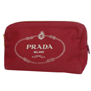 プラダ PRADA ロゴ ポーチ メイク コスメ 小物入れ 化粧ポーチ キャンバス レッド レディース 【中古】