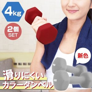 【2個セット/ダークグレー】滑りにくい カラー ダンベル 4kg 筋トレ エクササイズ 宅トレ シンプル ウエイトトレーニング ダイエット 新品