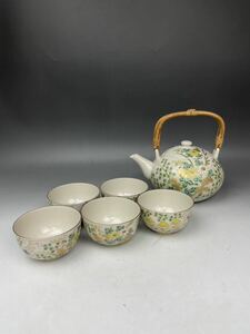 タ) 九谷焼 茶器セット 5客 茶器揃い 急須 煎茶碗 在銘 色絵金彩 草花図 茶道具 煎茶道具 豪華絢爛 アンティーク 花柄