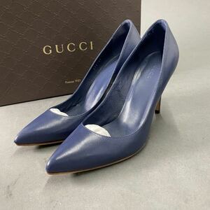 ◯ 2L5《伊製》GUCCI グッチ 37 1/2(24.5cm相当)ネイビー レザーパンプス ポインテッドトゥ レディース 靴 ヒールパンプス 女性用