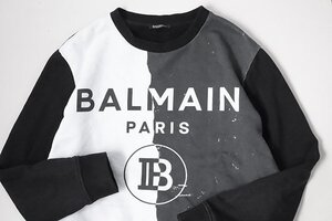 BALMAIN ◆ Bロゴ モノクロハーフプリント スウェット Lサイズ バイカラー (白/黒) トレーナー バルマン 1円 ◆ZZ1