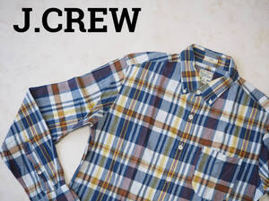 ☆送料無料☆ J.CREW ジェイクルー 古着 長袖 チェック 胸ポケット付き ボタンダウン スリム シャツ メンズ M ネイビー 中古 トップス 即決