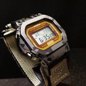 〓新品〓GショックMODカスタム〓本体付きDW5600デジタル腕時計ステンレス製迷彩柄ベゼル＆〓ミリタリーナイロンストラップモデル