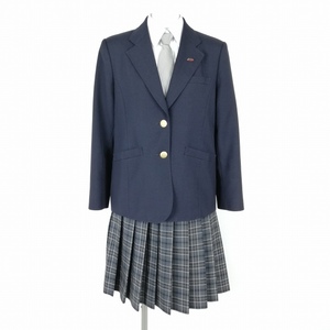 1円 ブレザー チェックスカート ネクタイ 上下4点セット 160A 冬物 女子 学生服 中学 高校 紺 制服 中古 ランクB EY3604