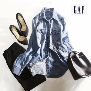 美品 GAP ギャップ 定番 人気 レディース XS 色落ち ヴィンテージ カラー 長袖 デニムシャツ XS ネイビー 紺