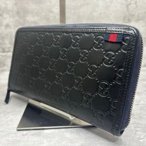 【極美品】 GUCCI グッチ オーガナイザー ラウンドファスナー 長財布 シマ シェリーライン レザー メンズ ビジネス ネイビー系 ブラック系