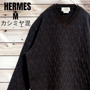 ☆メリノウール＆カシミヤ☆HERMES cashmere MERINOS WOOL ジャガード ニット M 総柄 長袖 グリーン ネイビー 緑 紺 カシミア 