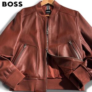 美品/Lサイズ ●HUGO BOSS ヒューゴボス 近年 ●ラムレザー 羊革 シングル ダブルジップ ライダース ブルゾン ジャケット ブラウン 48