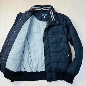 良品/48 L相当★アルマーニ/ARMANI JEANS ロゴテープ ダウン ジャケット ブルゾン 中綿羽毛 極暖 リブニット アウター メンズ 黒 ブラック