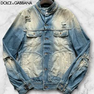 最高級/L位◎ドルチェ&ガッバーナ デニムジャケット DOLCE&GABBANA ドルガバ Gジャン スタンドカラー ブルゾン ウォッシュ ダメージ加工 48