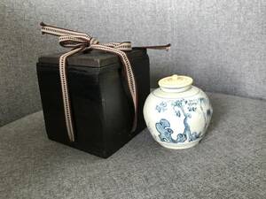 茶道具時代染付蓋付供箱茶入