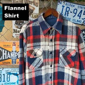 70s Flannel Shirt ネルシャツ XL相当 長袖 チェック柄 ネイビー 白 赤 厚手 10506