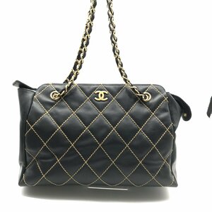 1円 良品 CHANEL シャネル ココマーク ワイルドステッチ ラムスキン トート ショルダー チェーン バッグ ブラック a3957