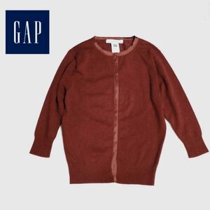 r0074【GAP】スナップボタンカーディガン（XXS）レッド サテンパイピング 七分袖 ストレッチコットン