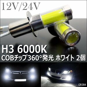 12V/24V兼用 LED フォグランプ H3バルブ白2個セット（284）COBチップ360°発光 プロジェクターレンズ メール便 送料無料/12П