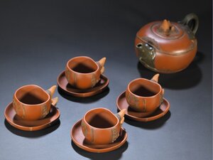 【安】時代物 蒋蓉銘 ログワイ型茶壺 杯セット 宜興紫砂 常滑 朱泥急須 煎茶道具 茶壷 古美味 古董品 029