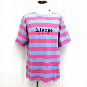未使用品 エクストララージ X-LARGE Tシャツ ストライプ ロゴ 刺繍 ストライプ 半袖 Ｌ 水色 ピンク /Ｏ メンズ