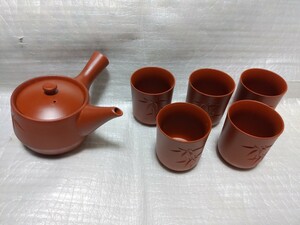 萬古焼　万古焼 　急須×1 湯呑×5 朱泥 茶器 茶器セット　万古焼き 和食器 茶道具　無銘　箱なし