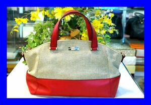 ○美品 ケイトスペード kate spade コットン レザー 2Way ハンドバッグ B0406