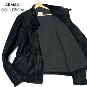 美麗品◎XXXLサイズ!!アルマーニコレッツォーニ【希少な超ビッグサイズ】ARMANI ラム レザー ライダーズ ジャケット ブラウン ボア◎メンズ