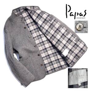 美品【定価10万】Papas+ パパス プラス カシミヤ ハーフコート LL メンズ アンゴラ ウール 裏チェック 日本製【希少なLLサイズ】ロゴ