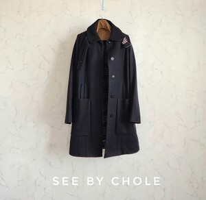 超高級 美品 See By Chloe 最高級イタリア製 豪華おしゃれモダンブラックコート シーバイクロエ チェック裏地 一級品生地 