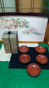 うぶだし品神社仏閣時代品明治期根来塗菓子器5客セット時代箱付