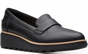 送料無料 Clarks 26cm ウエッジ ローファー パンプス ブラック 黒 厚底 フラット ヒール レザー 革 フォーマル スニーカー バレエ ST82