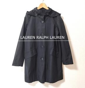 美品 LAUREN RALPH LAUREN ローレンラルフローレン サイズS 2WAY フード ロング ミドル ライトコート フーデッドコート ブラック