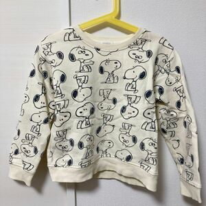 【人気】PEANUTS ピーナッツ　スヌーピーSNOOPY 丸首長袖トレーナー　スウェット　ビックプリント　ユニセックス　ベージュ120サイズ