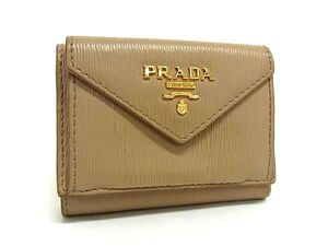 1円 PRADA プラダ レザー コンパクト 三つ折り 財布 ウォレット 札入れ 小銭入れ レディース ベージュ系 BI6108