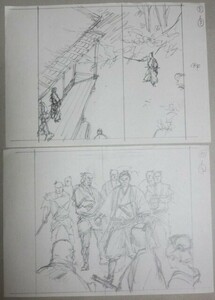 直筆画】鴇田幹 歴史・時代小説 挿絵用ラフ原画2枚一括 16/検;時代劇武士剣豪殺陣乗馬真筆真作肉筆雑誌画稿漫画劇画剣劇江戸庶民風俗