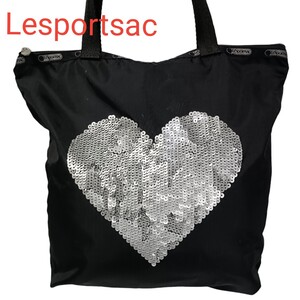 【良品 綺麗】Y1210-3 Lesportsac レスポートサック トートバッグ 黒ブラック ハート柄 スパンコール ナイロン 