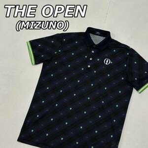 【THE OPEN (MIZUNO)】ミズノ オープン ゴルフウェア ナイロン ポロシャツ ビッグサイズ ロゴ 刺繍 チェック柄 紺色 ネイビー