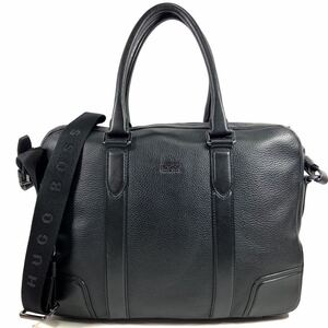 【ヒューゴボス】本物 HUGO BOSS ビジネスバッグ 黒 ロゴ金具 2way ショルダーバッグ 書類かばん ブリーフケース 本革 レザー 紳士 メンズ