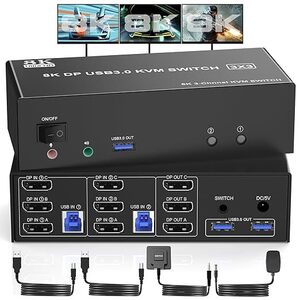 8K USB 3.0 Displayport 3 モニタ KVM 切替器 2台のコンピューター 共有 3モニター