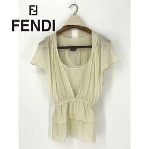 A8263/美品 春夏 FENDI フェンディ シルク100％ ベルト付 フリル ギャザー 半袖 Tシャツ カットソー ブラウス 38 XS程 クリーム/レディース