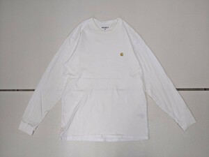 4．カーハート ロゴ刺繍 長袖 Tシャツ ロンT ワーク Carhartt メンズM 白黄色系x702