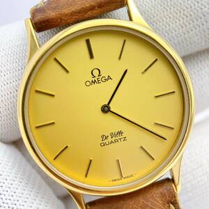 オメガ OMEGA デビル DEVILLE メンズ 腕時計 クオーツ QZ ゴールド文字盤 ラウンド プッシュリューズ 1365 純正ベルト 電池切れ ジャンク