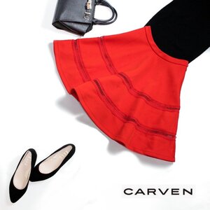 美品 CARVEN カルヴェン ■ 春 夏 ストレッチ ポンチ レース デザイン 膝下丈 フレアスカート XS 5号 オレンジ