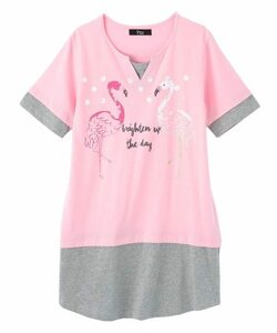 Lサイズ！幸せフラミンゴ柄！半袖！Tシャツチュニック！新品！