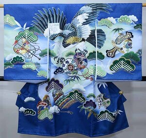 お宮参り 産着 男児 合繊 豪華絢爛 男の子 のしめ 金刺繍 鷹 小槌 鼓 紺地 祝着 一つ身 掛け着 初着 新品 (株) 安田屋 NO40520