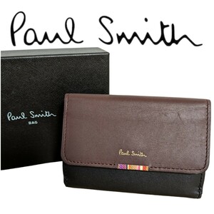 新品 ポールスミス Paul Smith ミニ財布 三つ折り財布 クロスオーバーストライプ マルチストライプ ブラック 牛革 レディース